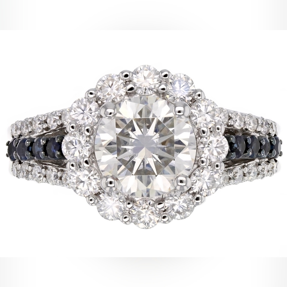 Moissanite Fire Blue Sapphire Platineve 925 Silver Ring - Picture 2 of 16
